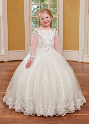 Long Sleeves Beaded Ivory Lace Tulle Unique Flower Girl Dress